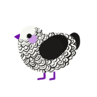 Eepies, a white and sable chicken with a double-lace pattern