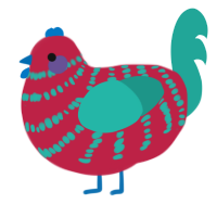 Uggo, a crimson and turquoise chicken with a bar pattern