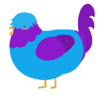 Bloop, a sky and violet chicken with a head pattern