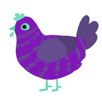 Chiko, a violet and overcast chicken with a bar pattern