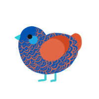 Fred, a ultramarine and vermilion chicken with a double-lace pattern