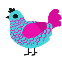 Transgender Requiem, a aqua and fuchsia chicken with a lace pattern