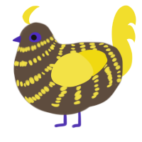 woman in stem, a bark and yellow chicken with a bar pattern