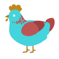 Tupperware, a aqua and red chicken with a neck-speckle pattern