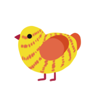 Bert, a yellow and vermilion chicken with a bar pattern