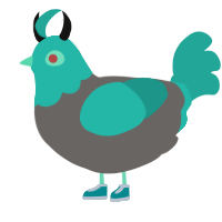 Mei, a grey and turquoise chicken with a head pattern