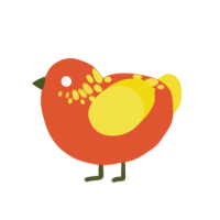 Juicy, a vermilion and yellow chicken with a neck-speckle pattern