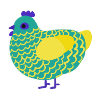 Technicolor, a turquoise and yellow chicken with a lace pattern