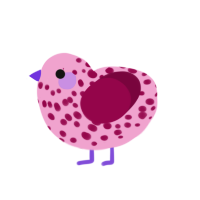 Sofa, a pink and maroon chicken with a speckle pattern