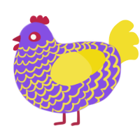 Hallion, a blurple and yellow chicken with a lace pattern