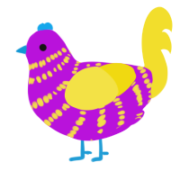 Pig in a blanket, a amethyst and yellow chicken with a bar pattern