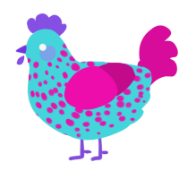 disco bird, a aqua and fuchsia chicken with a speckle pattern