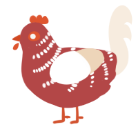 Beanie Weenie, a red and cream chicken with a half-bar pattern