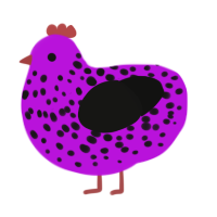 Mariella, a amethyst and black chicken with a speckle pattern