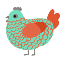 Flossy, a mint and vermilion chicken with a lace pattern