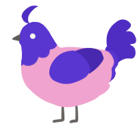 Soon, a pink and indigo chicken with a head pattern