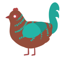 The Bird at Home, a russet and turquoise chicken with a half-bar pattern