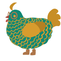 terracota, a teal and ochre chicken with a lace pattern