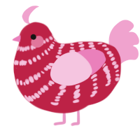 Cupid, a crimson and pink chicken with a bar pattern