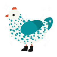 Feebie, a white and teal chicken with a speckle pattern