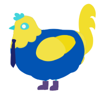 Thomas, a ultramarine and yellow chicken with a head pattern