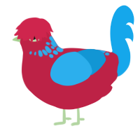 Imposter, a crimson and sky chicken