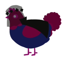 Overalls, a navy and maroon chicken with a head pattern