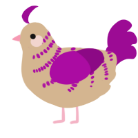 Teeny, a beige and plum chicken with a half-bar pattern