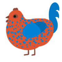 Goldfish, a vermilion and sapphire chicken with a speckle pattern