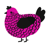 Priss, a fuchsia and black chicken with a lace pattern