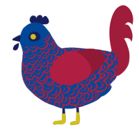 Fancy Superman, a ultramarine and crimson chicken with a double-lace pattern