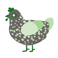 green, a grey and gluppy chicken with a speckle pattern