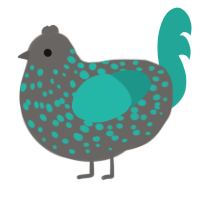 Dense Crystal, a grey and turquoise chicken with a speckle pattern