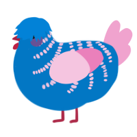 Trans Wrongs, a sapphire and pink chicken with a half-bar pattern