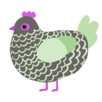 Sage, a grey and gluppy chicken with a lace pattern