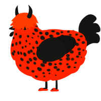 Melancholy, a vermilion and black chicken with a speckle pattern