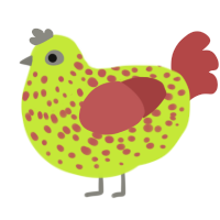 fruit, a lime and red chicken with a speckle pattern