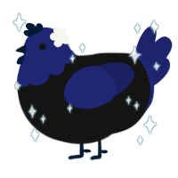 Sheratan, a black and navy chicken with a head pattern