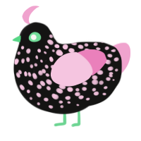 gaze into my eye, a black and pink chicken with a speckle pattern