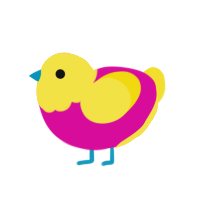 CMYK, a fuchsia and yellow chicken with a head pattern