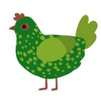 Mold Spore, a leaf and chartreuse chicken with a speckle pattern