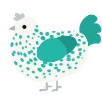 Praesepe, a white and turquoise chicken with a speckle pattern