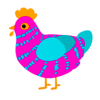 SATURATION, a fuchsia and teal chicken with a bar pattern