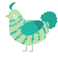 Pajamas, a gluppy and turquoise chicken with a bar pattern