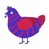 HH, a indigo and crimson chicken with a bar pattern