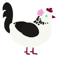 Chip, a white and sable chicken with a neck-speckle pattern