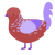 A red and lilac chicken with a half-lace pattern