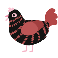 Null, a black and red chicken with a bar pattern