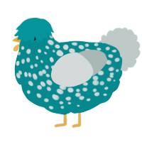 Egg, a teal and silver chicken with a speckle pattern