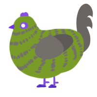 Zombie, a chartreuse and grey chicken with a bar pattern